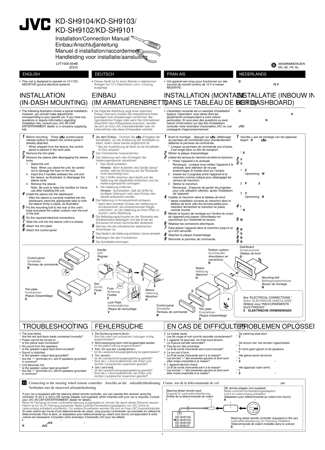 JVC KD-SH9103, KD-SH9104, KD-SH9102, KD-SH9101 manual Installation Einbau, IN-DASH Mounting, Troubleshooting Fehlersuche 