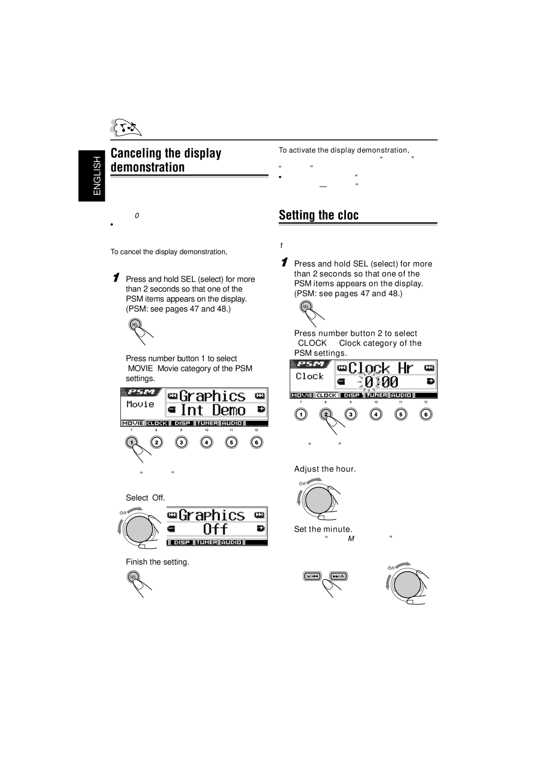 JVC KD-SH9104, KD-SH9103, KD-SH9102, KD-SH9101 manual Canceling the display, Demonstration, Setting the clock 