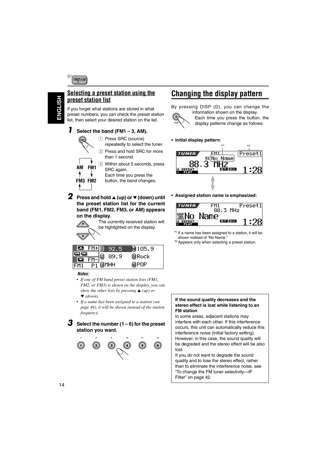 JVC KD-SH9105 manual Preset station list, Selecting a preset station using, Initial display pattern 