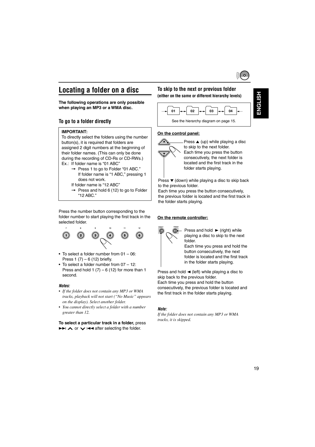 JVC KD-SH9105 manual Locating a folder on a disc, To go to a folder directly, To skip to the next or previous folder 