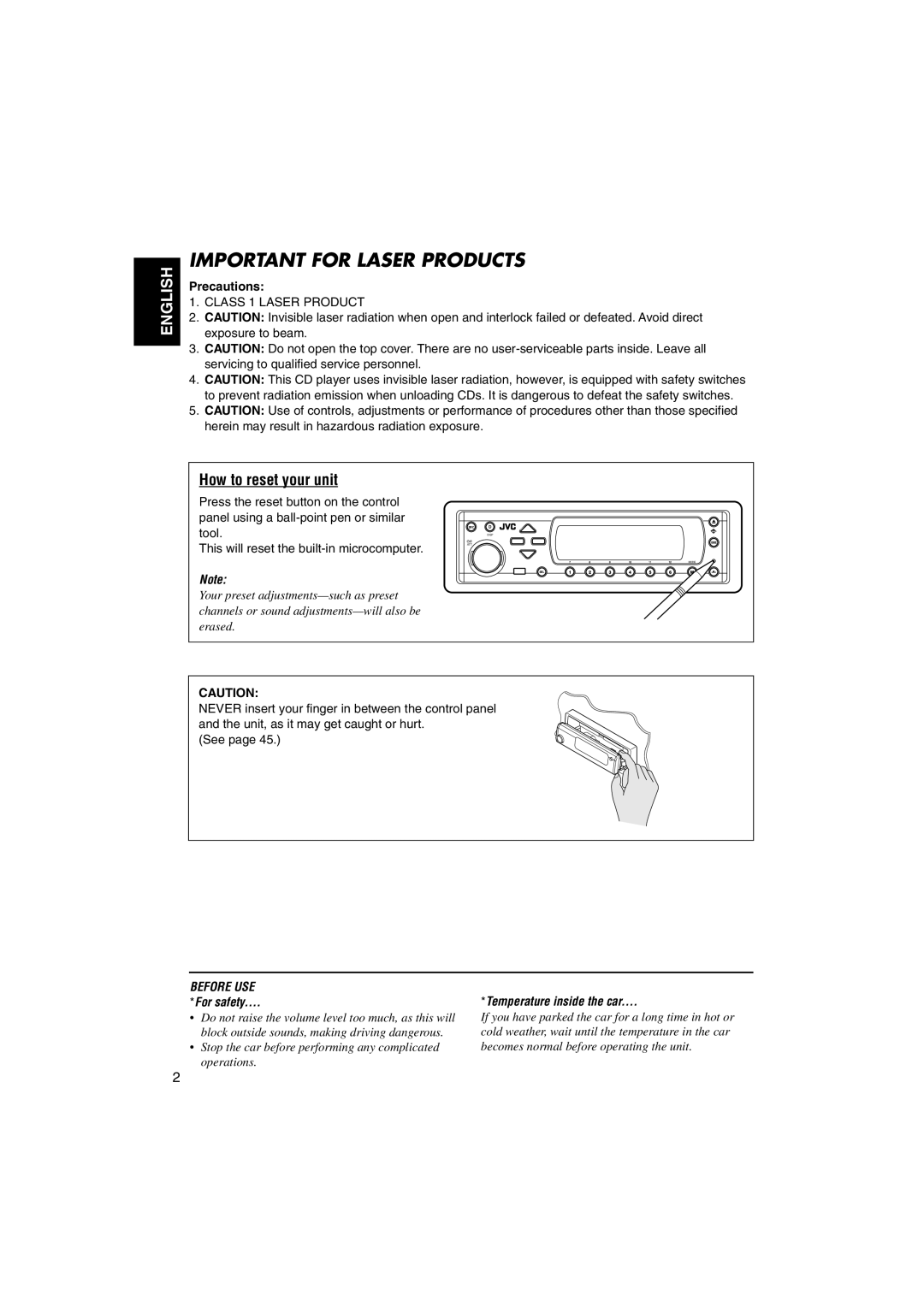 JVC KD-SH9105 manual How to reset your unit, Precautions 