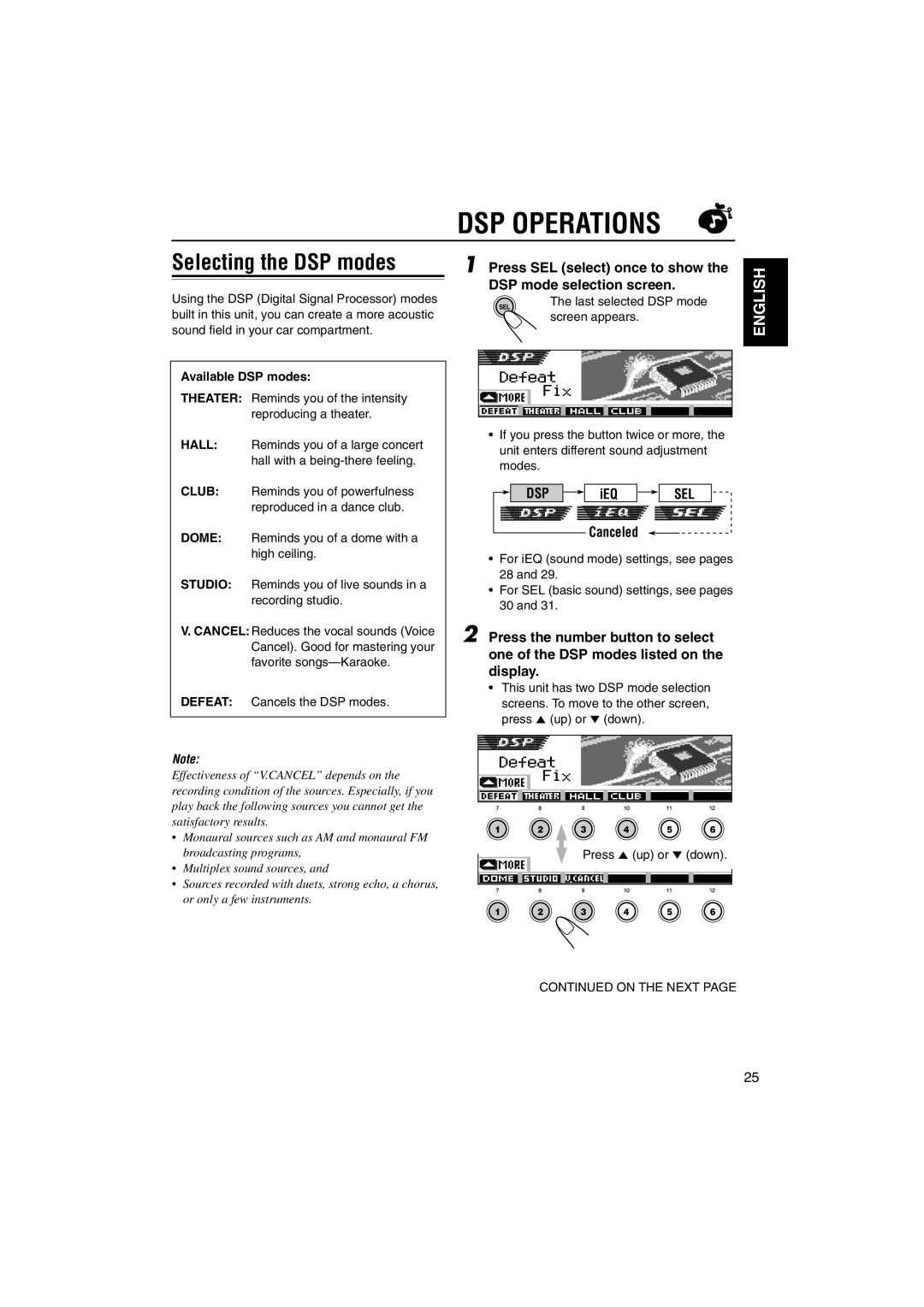 JVC KD-SH9105 manual DSP Operations, Selecting the DSP modes 