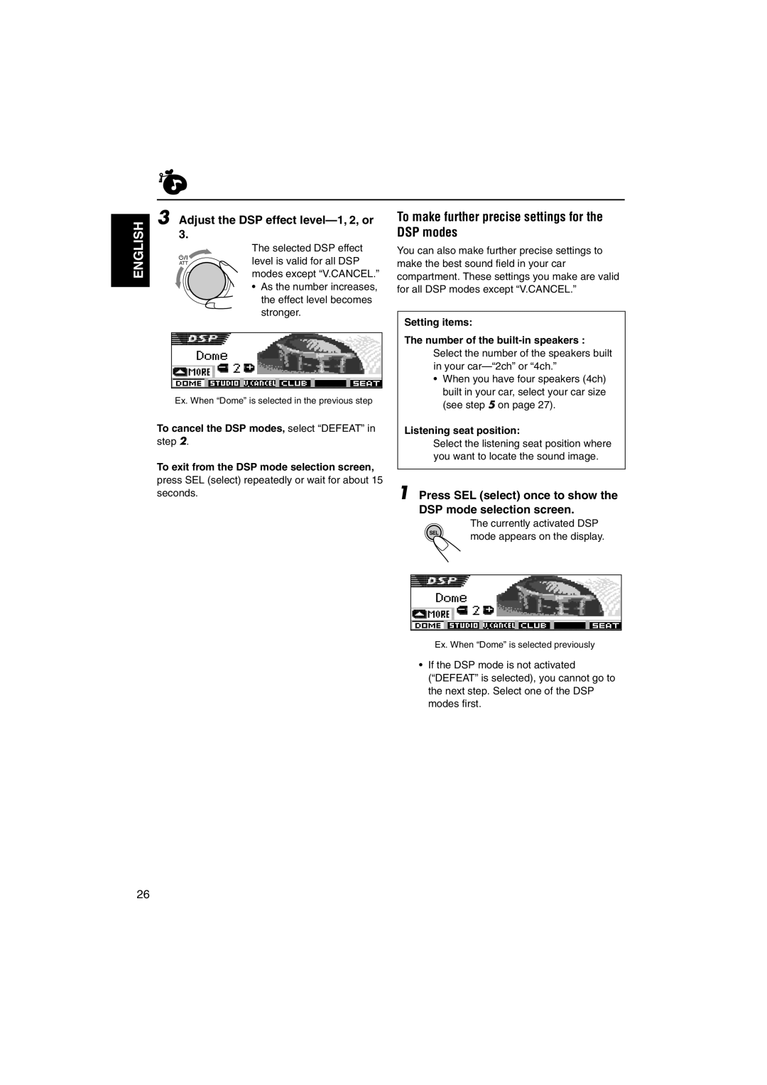 JVC KD-SH9105 manual To make further precise settings for the DSP modes, Adjust the DSP effect level-1, 2, or 