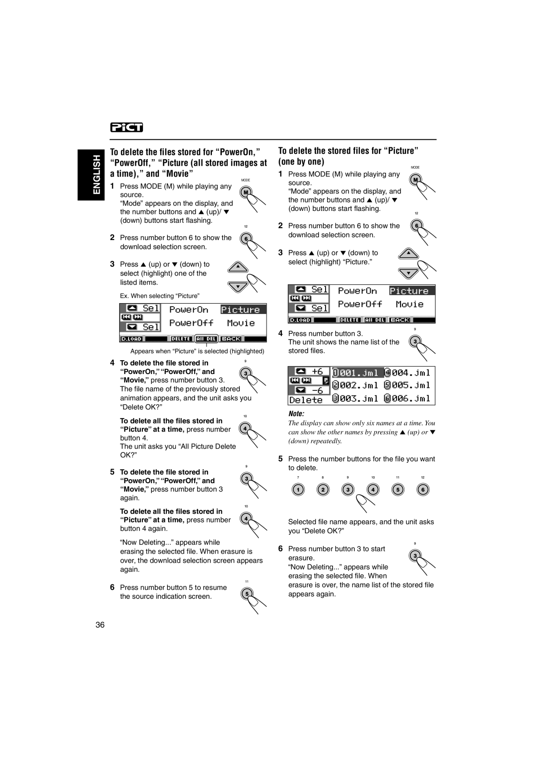 JVC KD-SH9105 To delete the stored files for Picture one by one, To delete the file stored PowerOn, PowerOff, Erasure 