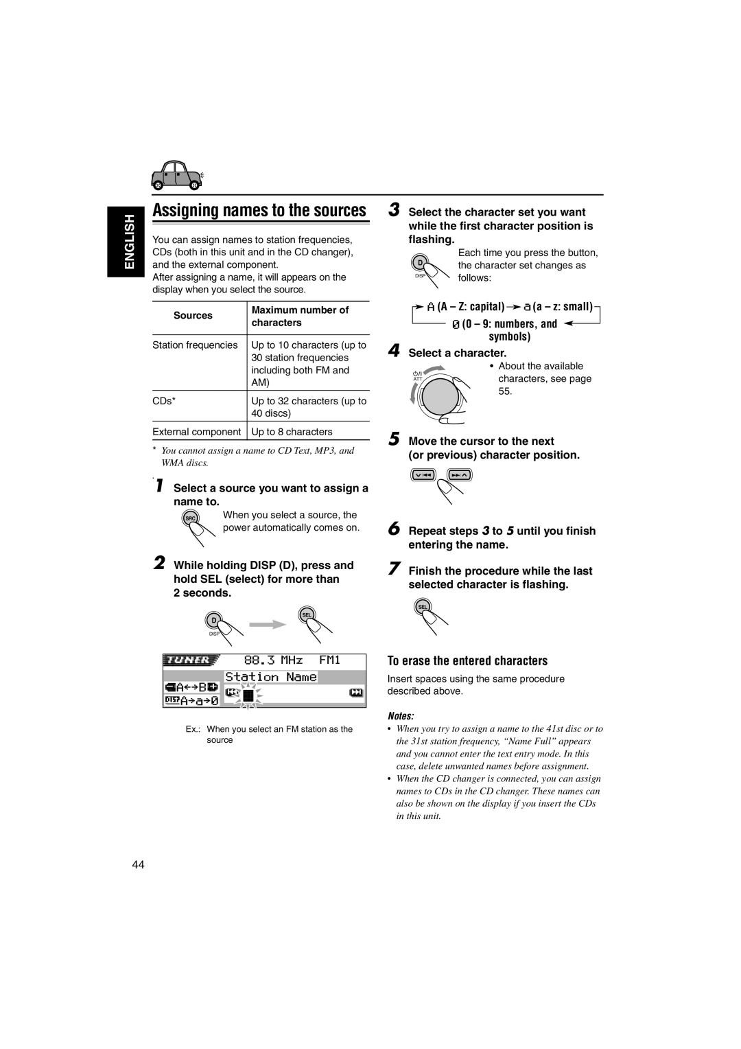 JVC KD-SH9105 manual To erase the entered characters, Select a source you want to assign a name to 