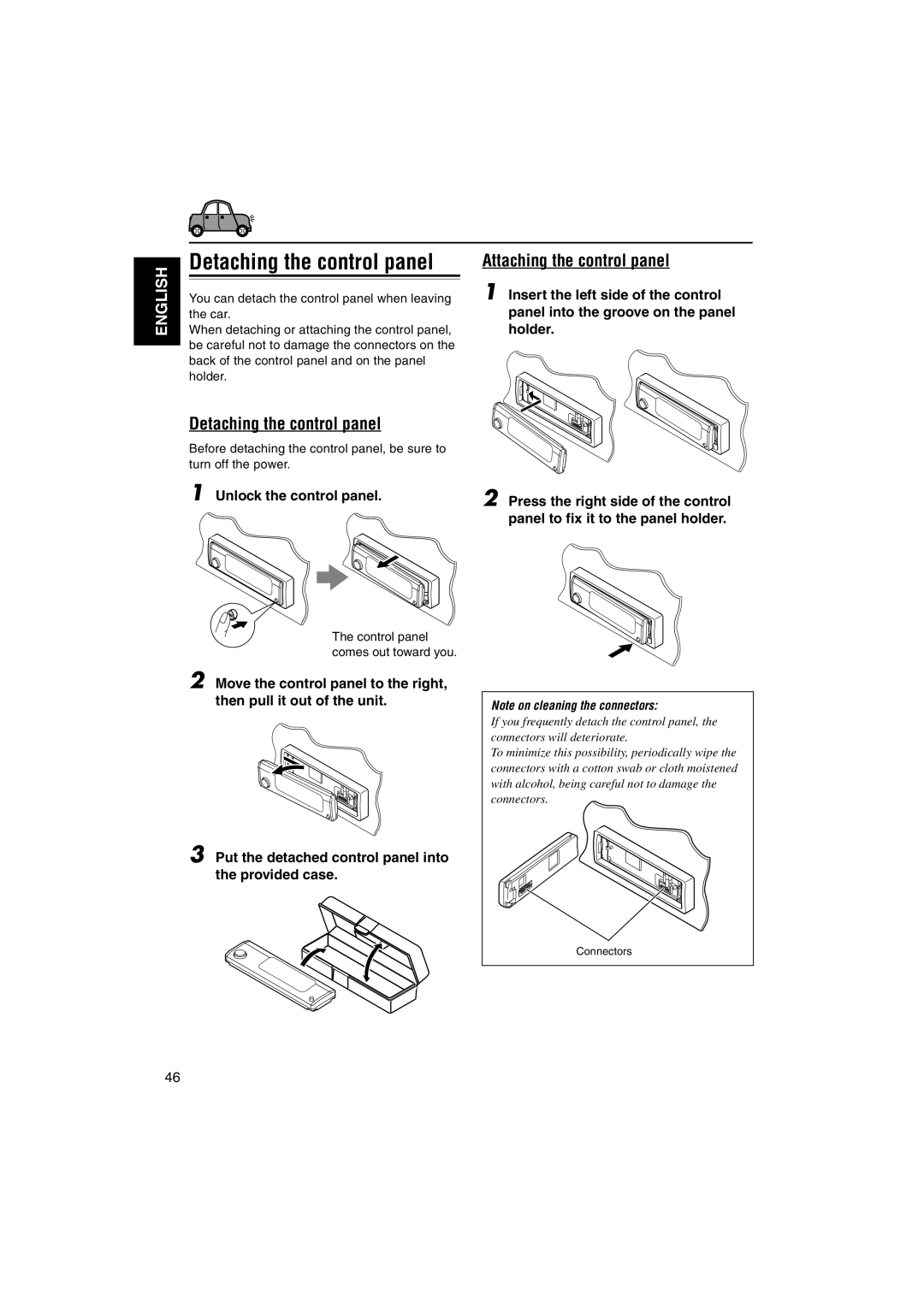 JVC KD-SH9105 manual Detaching the control panel, Attaching the control panel, Unlock the control panel 