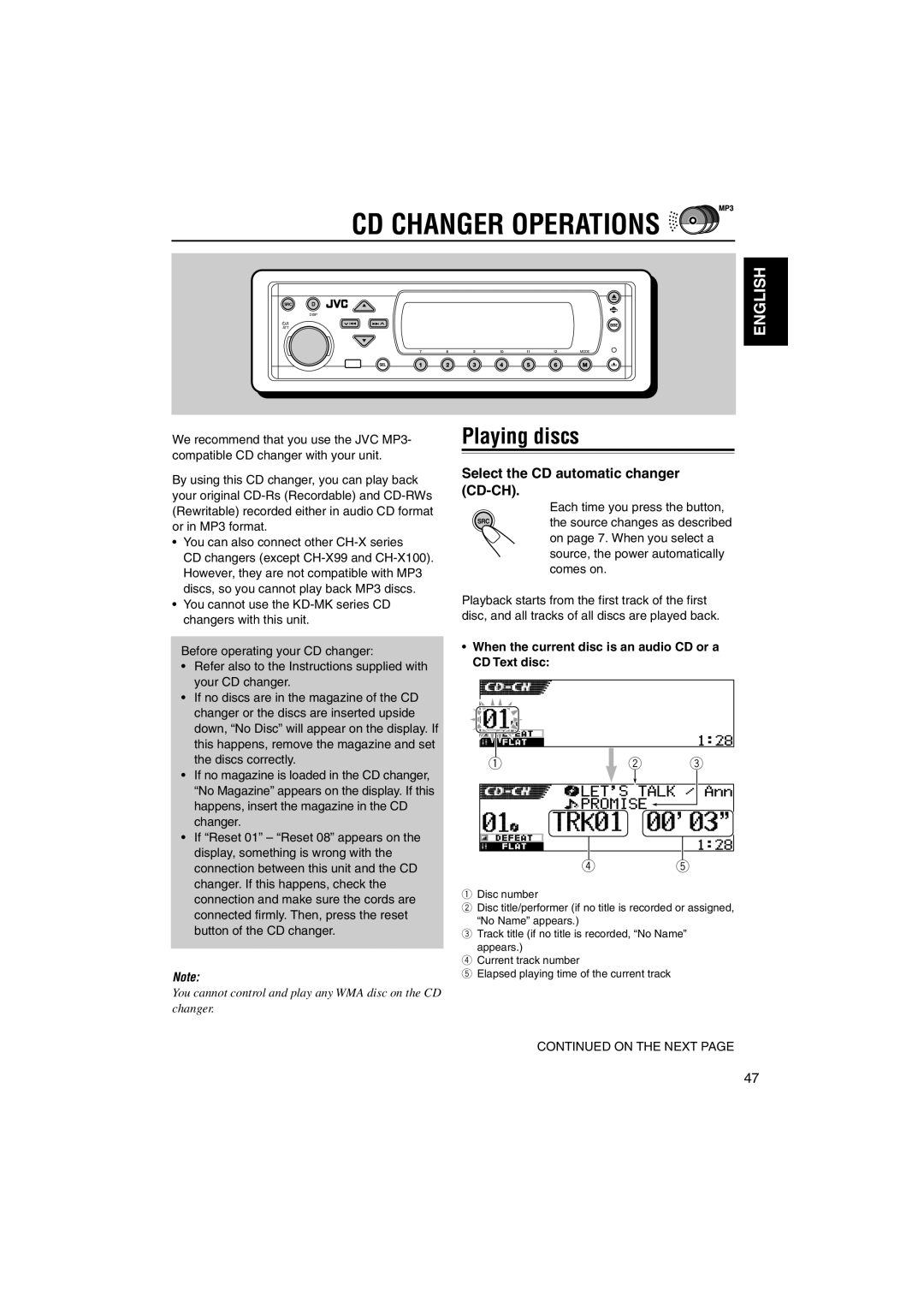 JVC KD-SH9105 manual CD Changer Operations, Playing discs, Select the CD automatic changer, Cd-Ch 