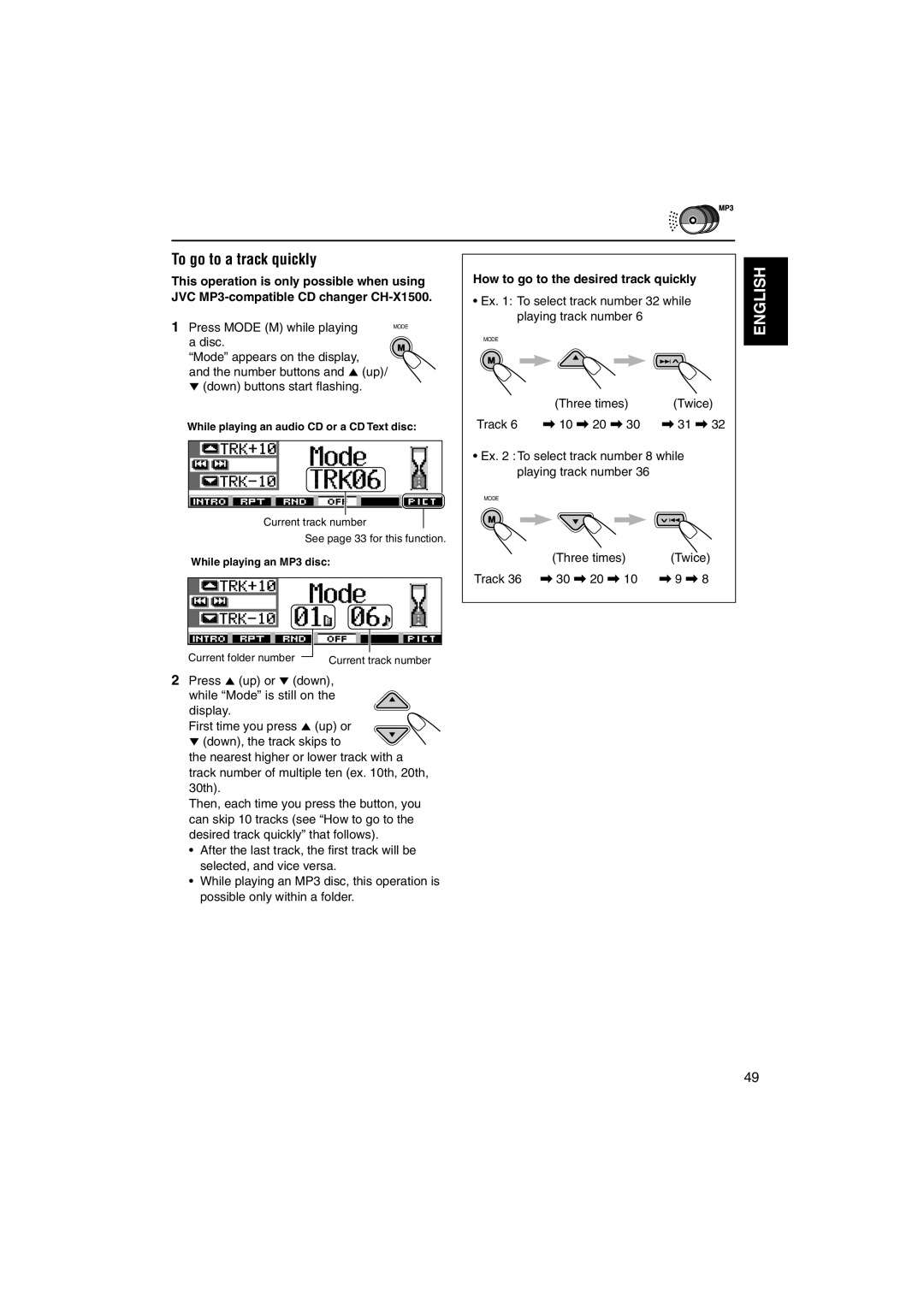 JVC KD-SH9105 manual To go to a track quickly, Press Mode M while playing 