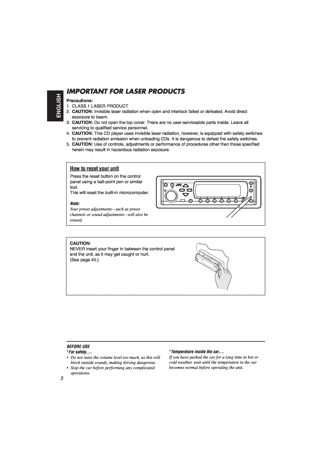 JVC KD-SH9105 manual Important For Laser Products, English, How to reset your unit, Precautions, BEFORE USE For safety 