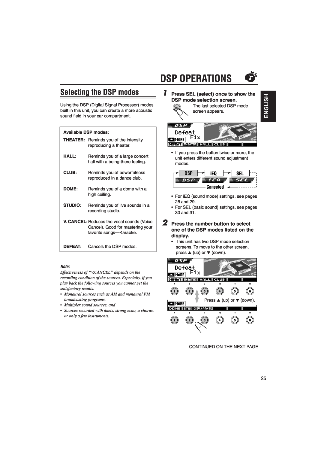 JVC KD-SH9105 manual Dsp Operations, Selecting the DSP modes, English, Press SEL select once to show the, Canceled 