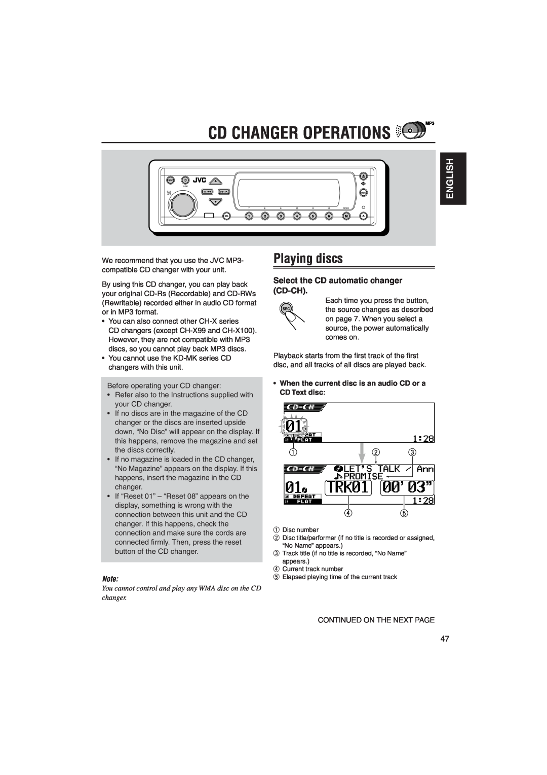 JVC KD-SH9105 manual Cd Changer Operations, Playing discs, English, Select the CD automatic changer, Cd-Ch 