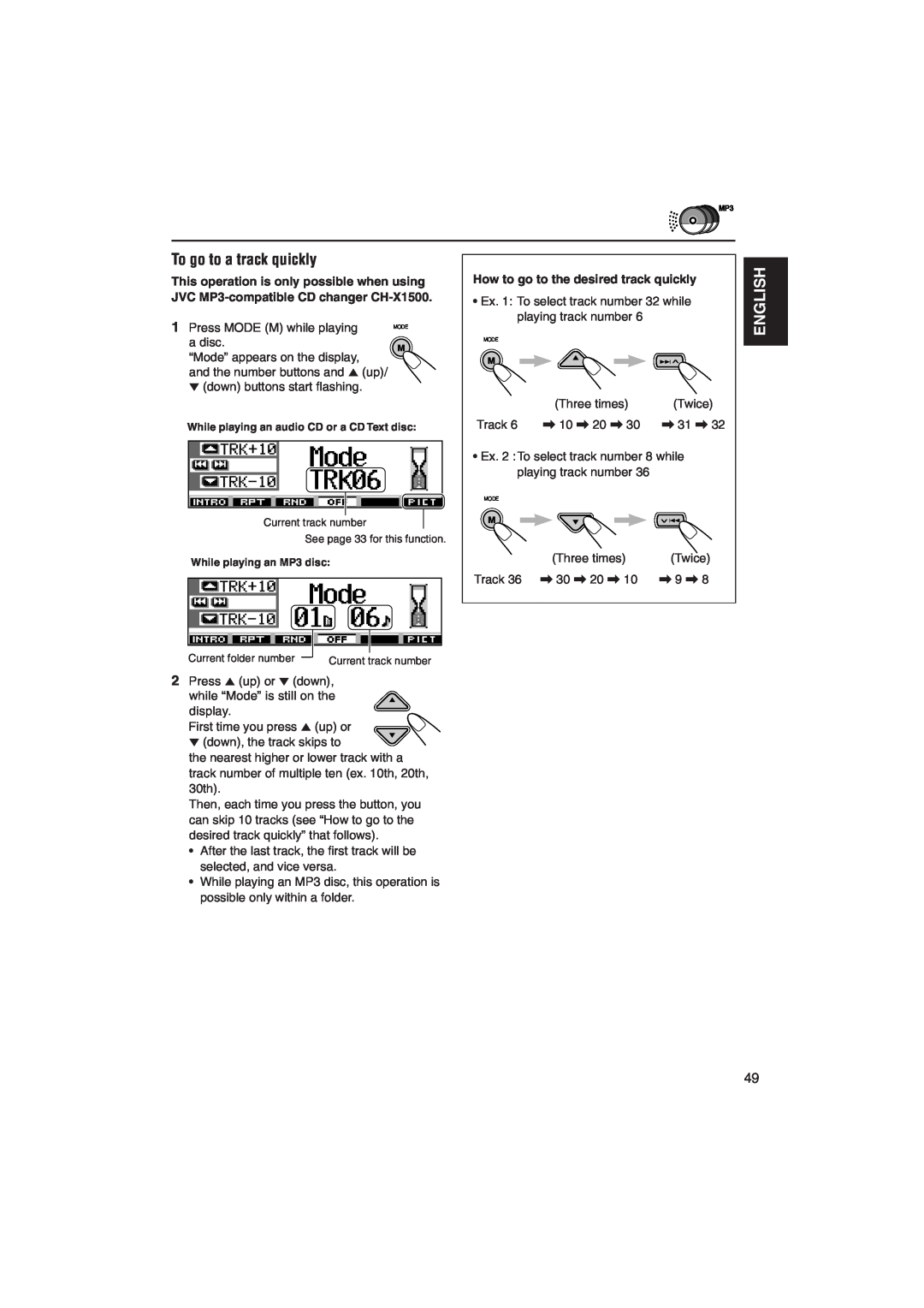 JVC KD-SH9105 manual To go to a track quickly, English, Press MODE M while playing, How to go to the desired track quickly 