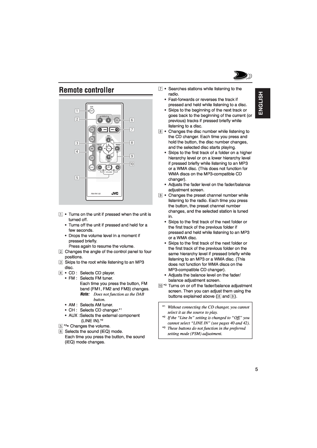 JVC KD-SH9105 manual Remote controller, English 