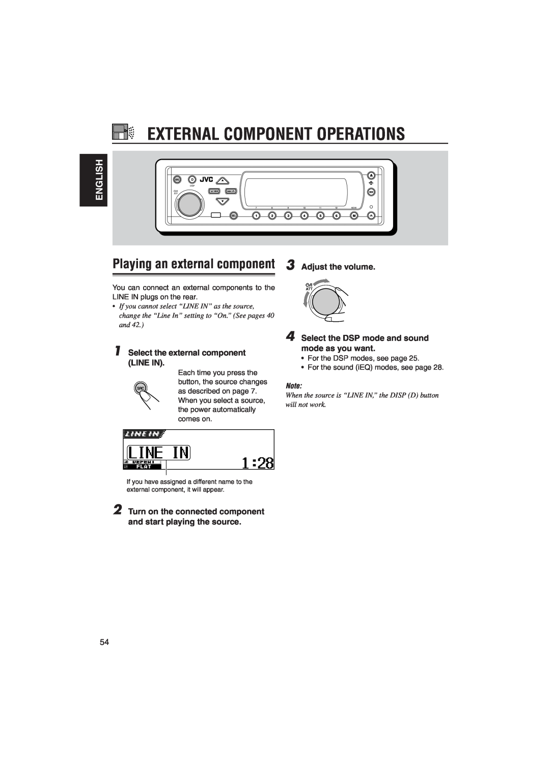 JVC KD-SH9105 manual External Component Operations, Playing an external component 3 Adjust the volume, English 