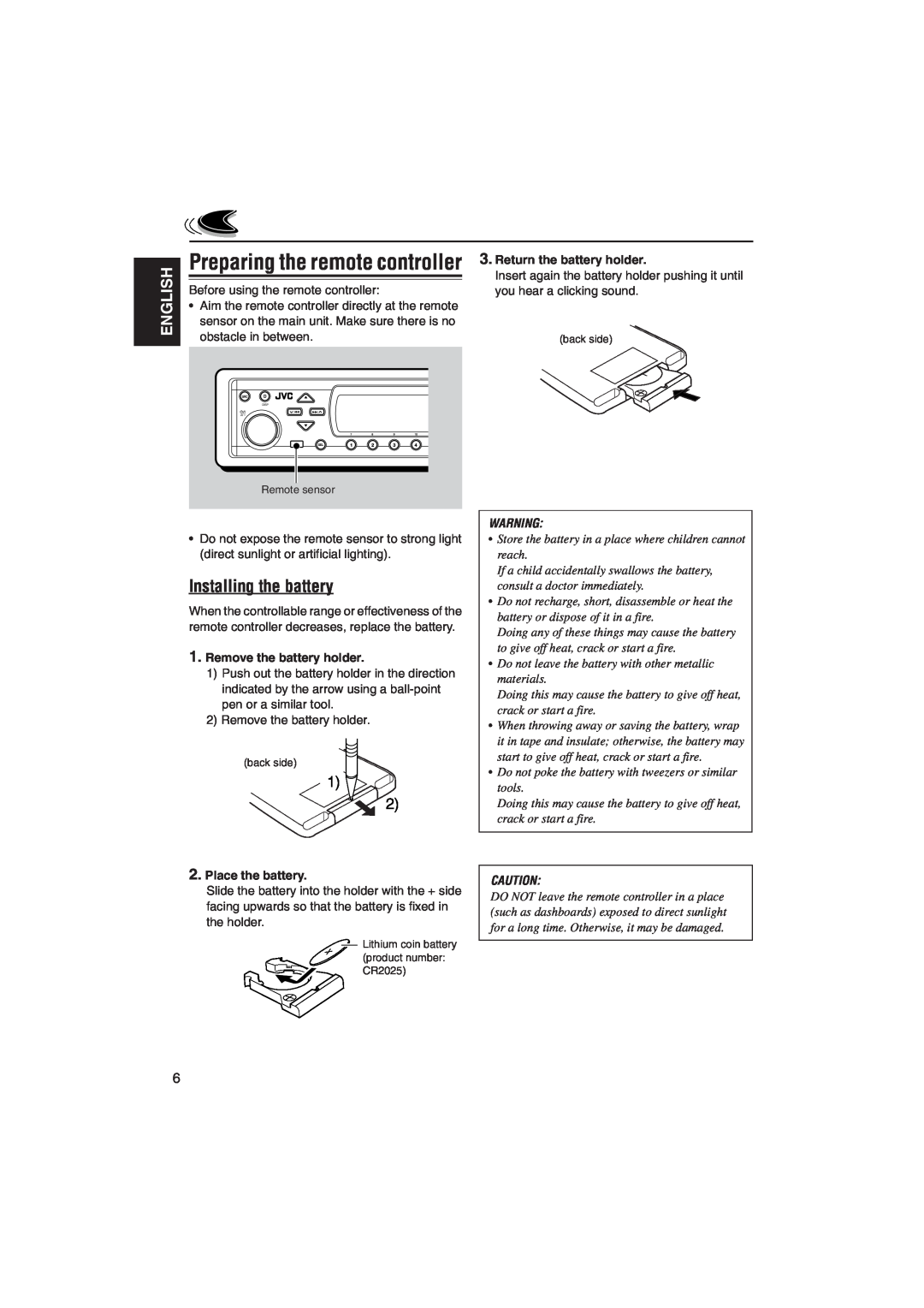 JVC KD-SH9105 manual Preparing the remote controller, Installing the battery, English, Return the battery holder 