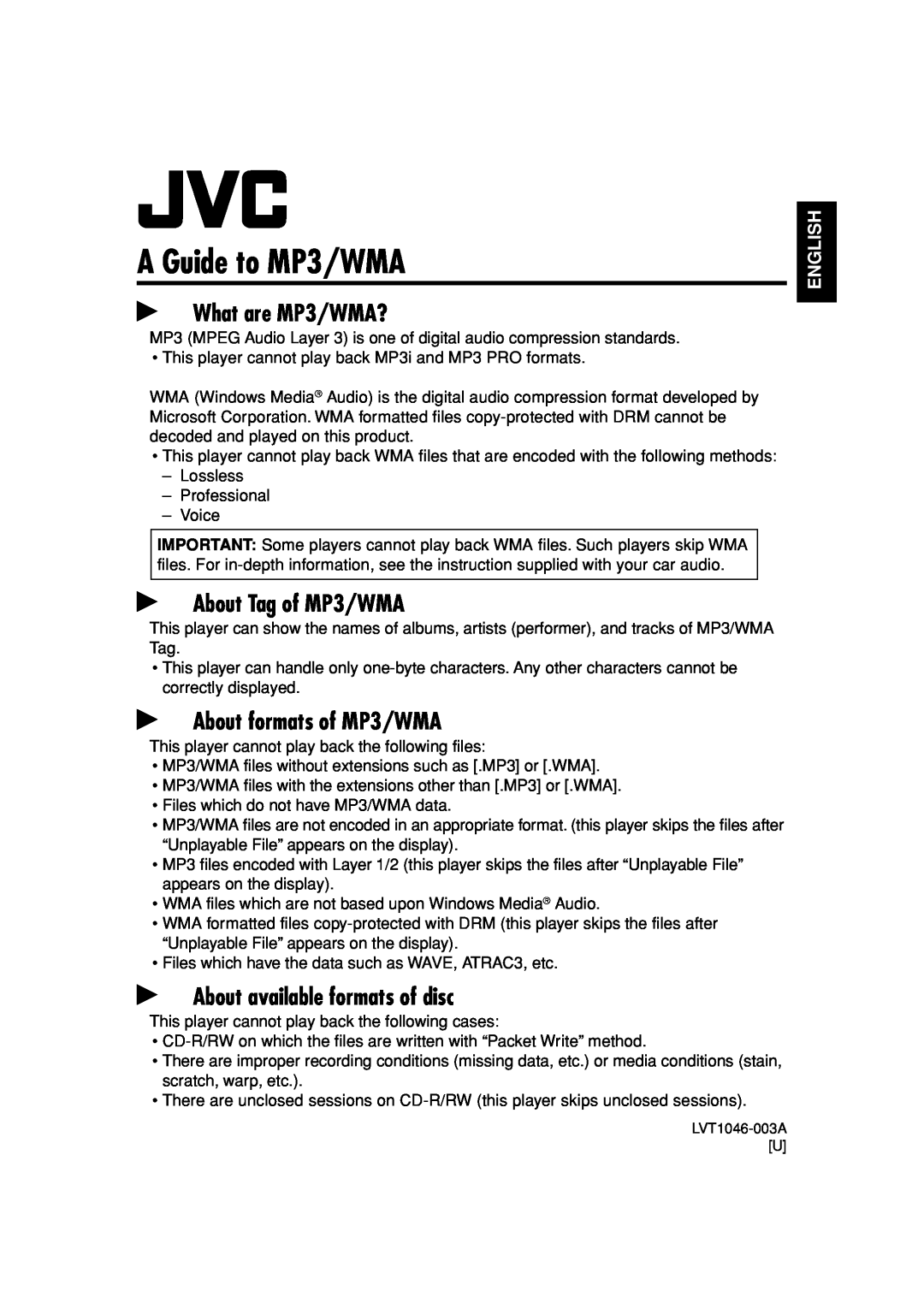 JVC KD-SH9105 manual A Guide to MP3/WMA, What are MP3/WMA?, About Tag of MP3/WMA, About formats of MP3/WMA, English 