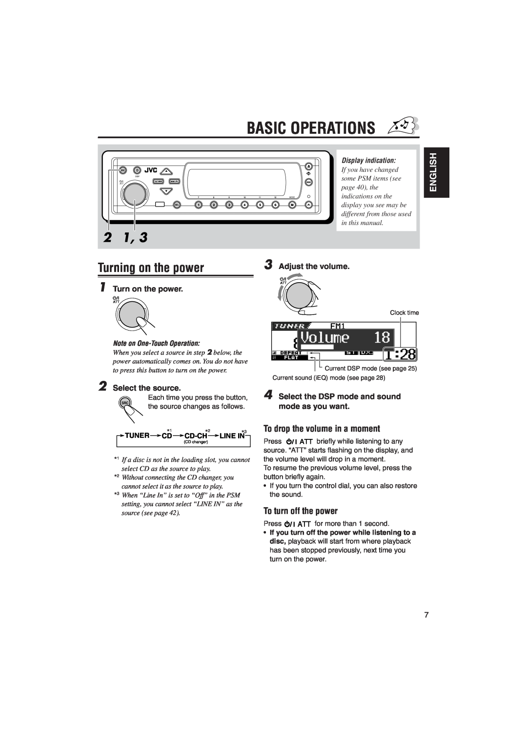 JVC KD-SH9105 manual Basic Operations, Turning on the power, English, To drop the volume in a moment, To turn off the power 