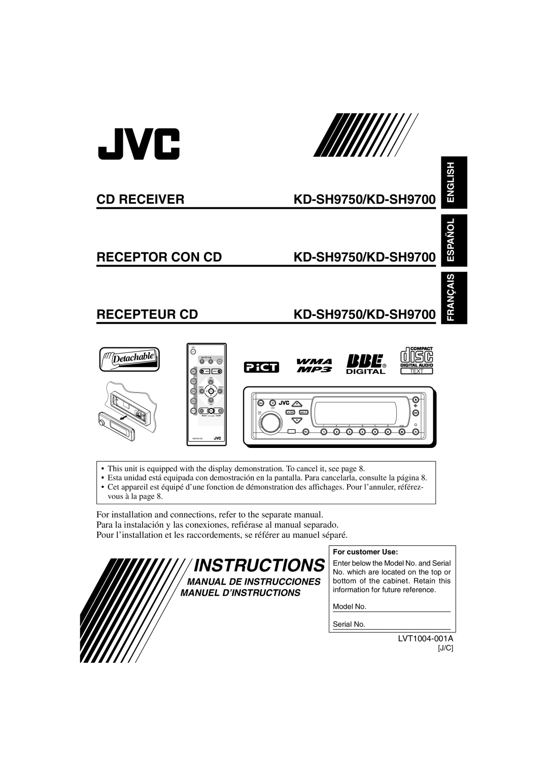 JVC manual KD-SH9750/KD-SH9700, For customer Use, Model No Serial No 