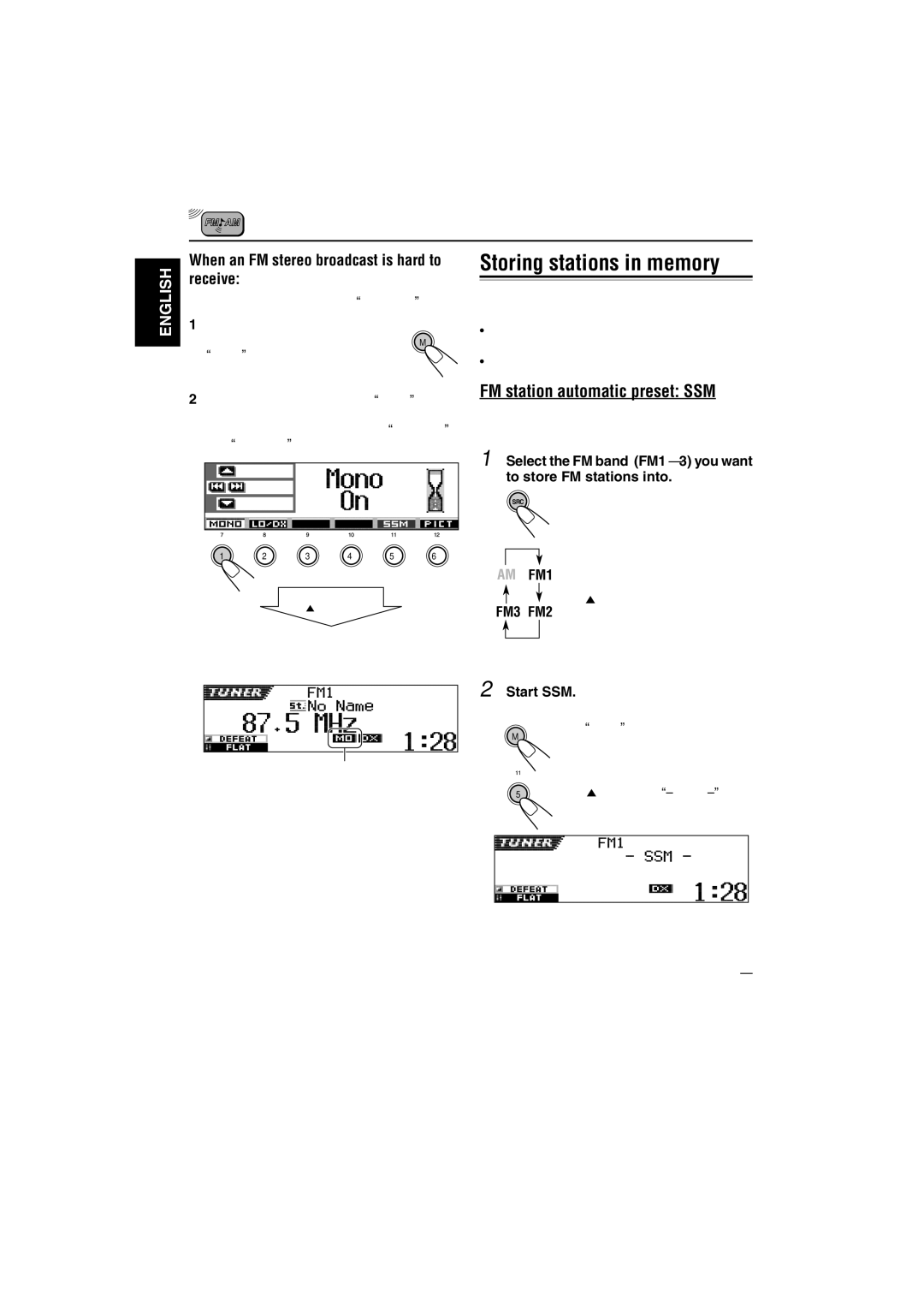 JVC KD-SH9750, KD-SH9700 manual Storing stations in memory, FM station automatic preset SSM, Receive, Start SSM 