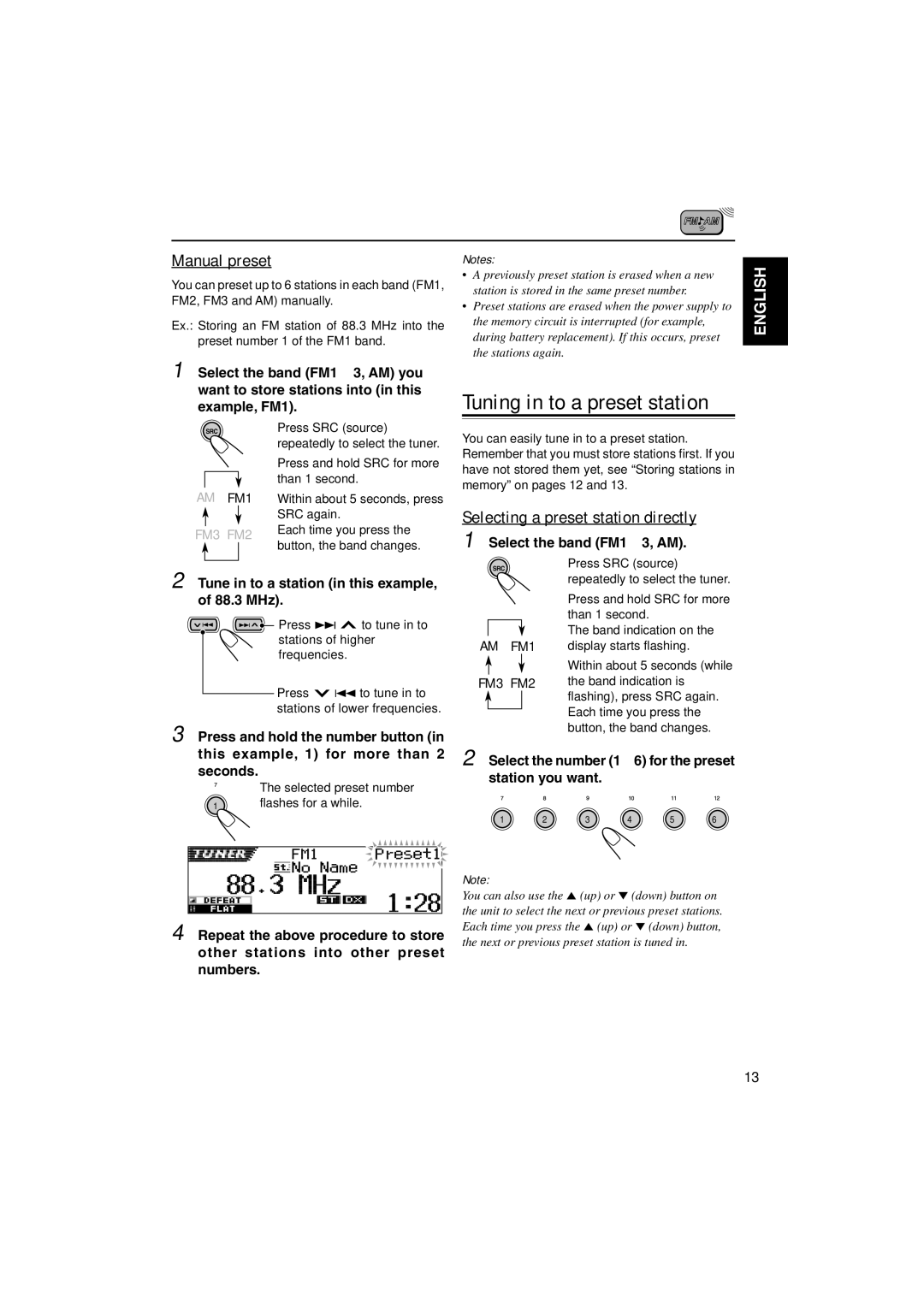 JVC KD-SH9700 manual Manual preset, Selecting a preset station directly, Tune in to a station in this example, of 88.3 MHz 