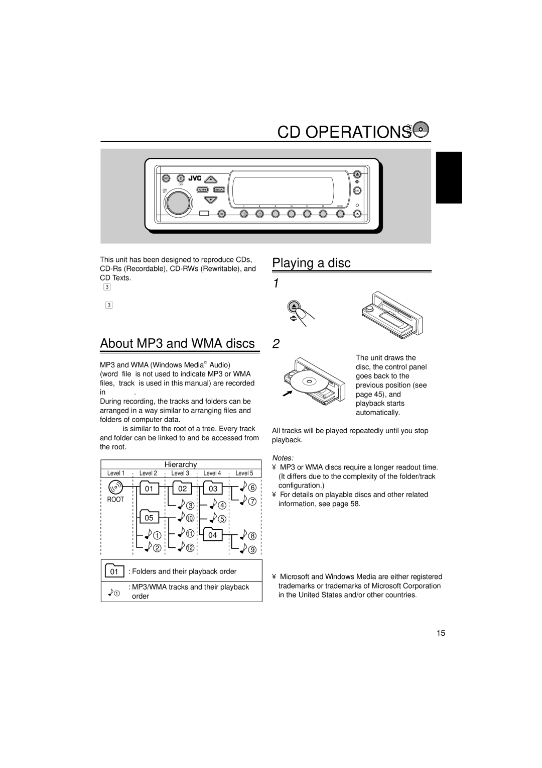 JVC KD-SH9700, KD-SH9750 manual CD Operations, Playing a disc, About MP3 and WMA discs, Open the control panel 