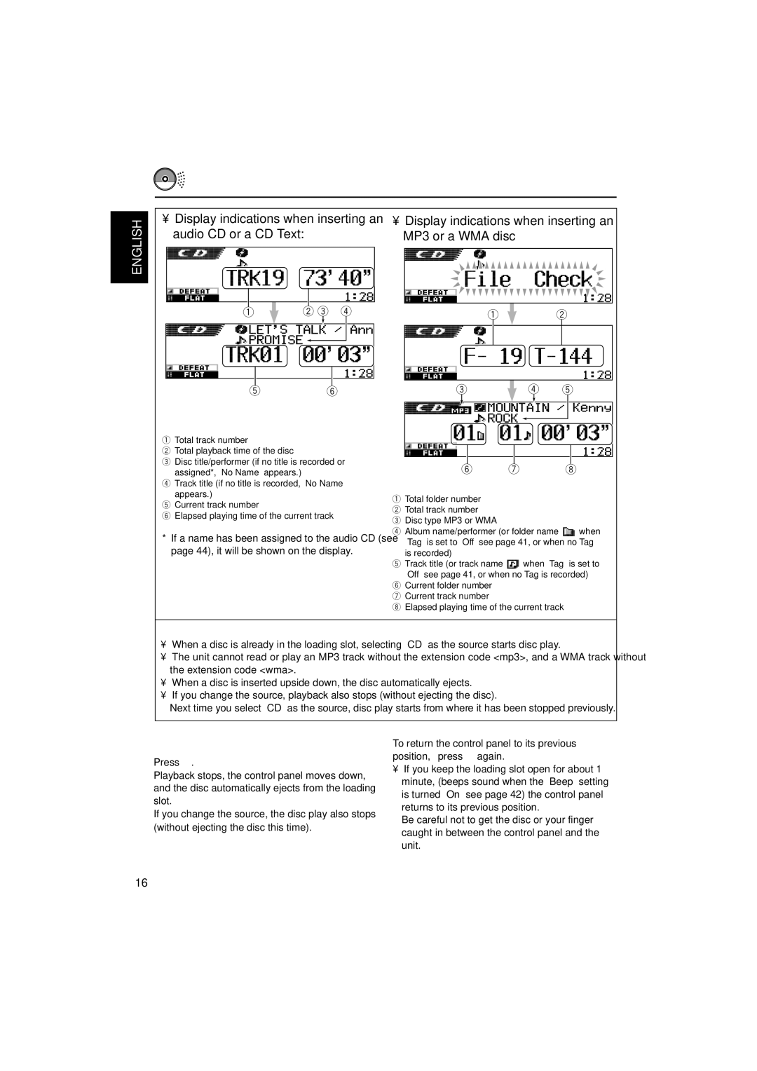 JVC KD-SH9750, KD-SH9700 manual Audio CD or a CD Text MP3 or a WMA disc, To stop play and eject the disc 