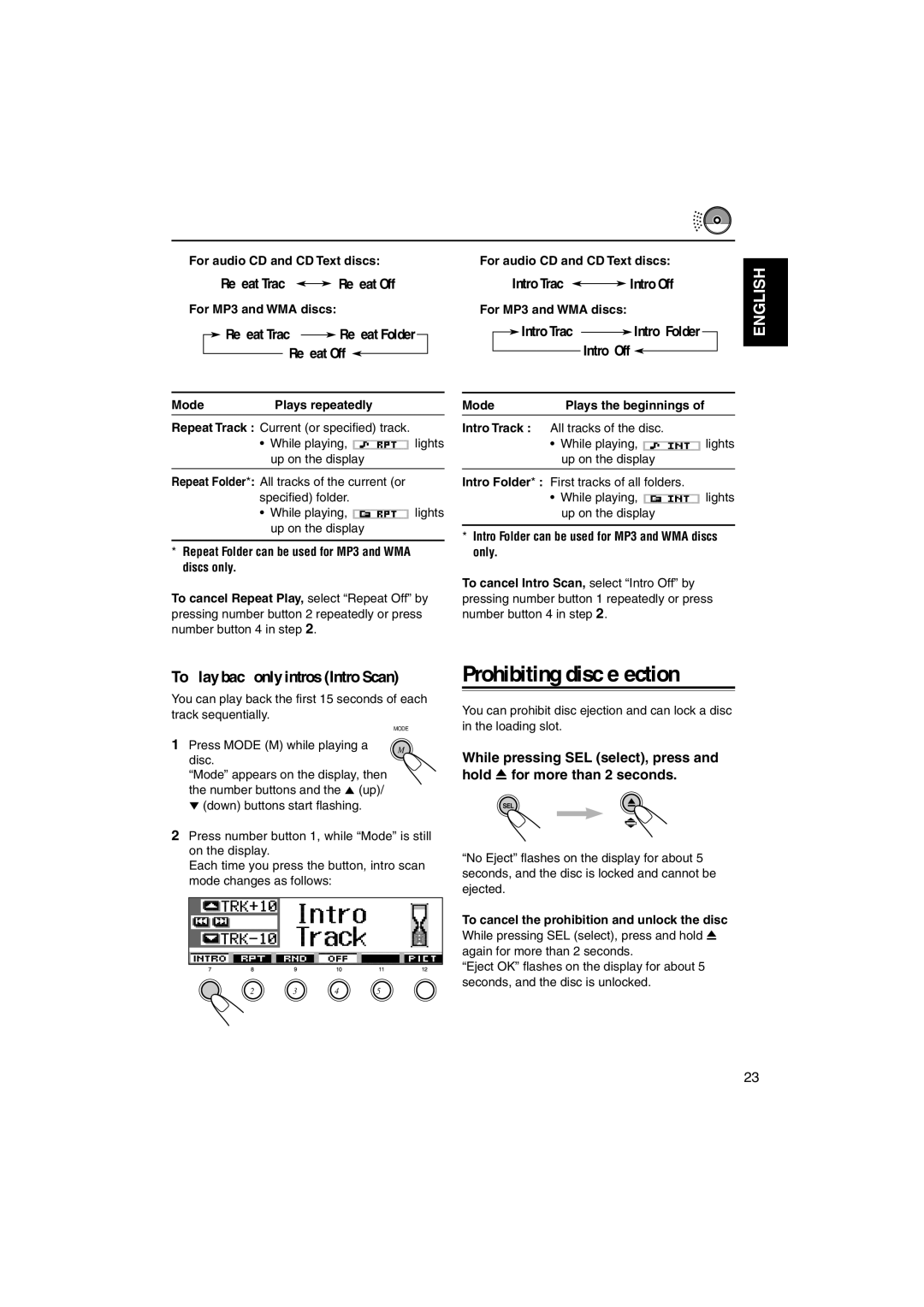 JVC KD-SH9700, KD-SH9750 manual Prohibiting disc ejection, To play back only intros Intro Scan 