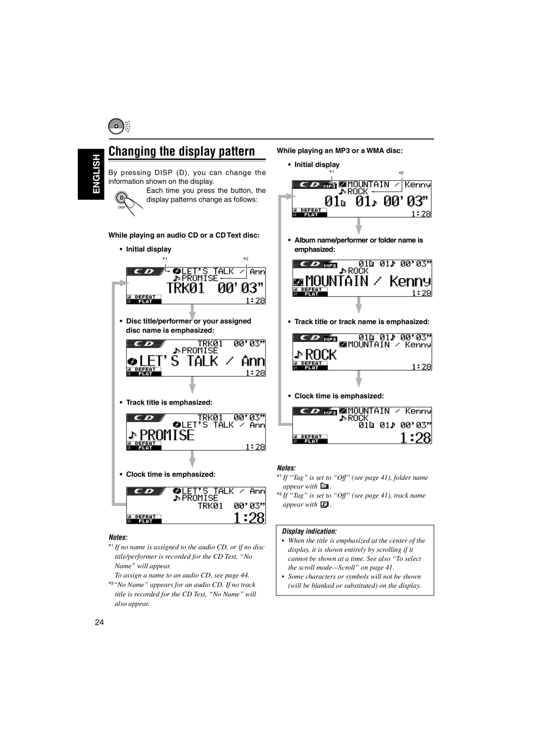 JVC KD-SH9750, KD-SH9700 manual Changing the display pattern, While playing an audio CD or a CD Text disc Initial display 