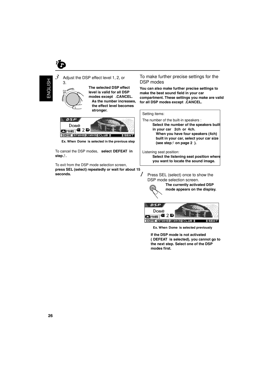 JVC KD-SH9750, KD-SH9700 manual To make further precise settings for the DSP modes, Adjust the DSP effect level-1, 2, or 