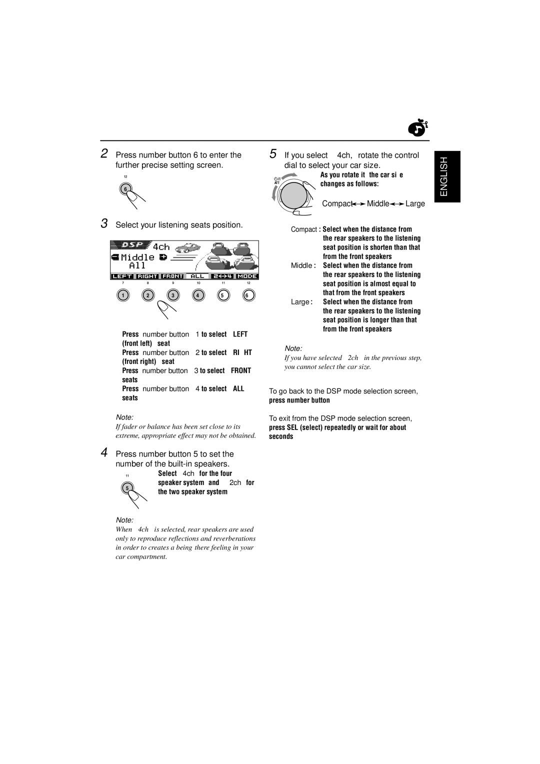 JVC KD-SH9700, KD-SH9750 manual Select 4ch for the four, As you rotate it, the car size, Press number button 