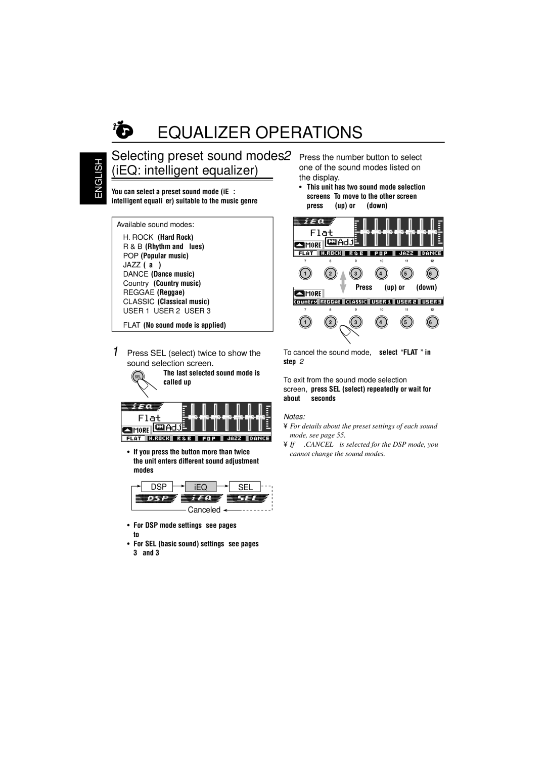 JVC KD-SH9750, KD-SH9700 manual Equalizer Operations, Available sound modes, Flat No sound mode is applied 