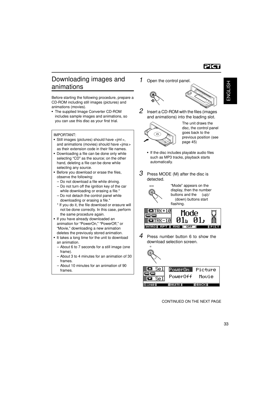 JVC KD-SH9700, KD-SH9750 Downloading images and animations, Press Mode M after the disc is detected, Buttons and the 5 up 