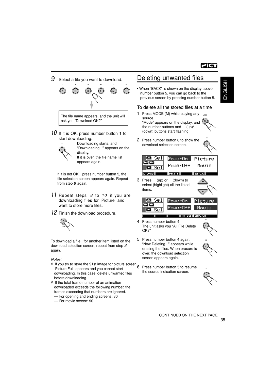 JVC KD-SH9700 manual Deleting unwanted files, To delete all the stored files at a time, Select a file you want to download 