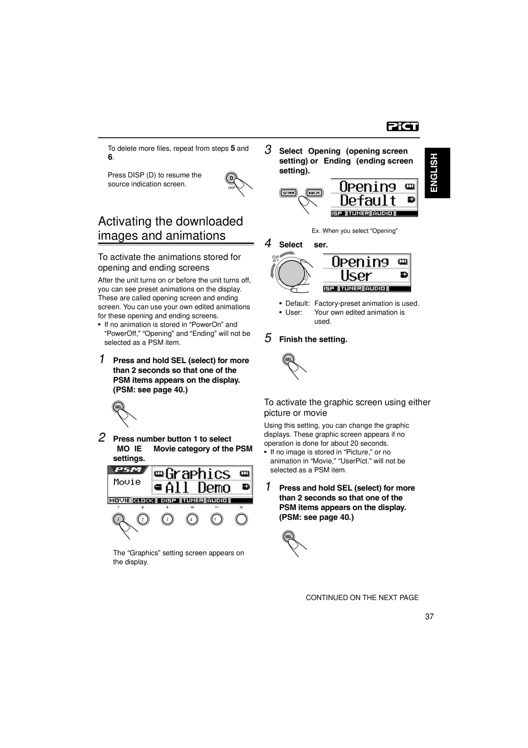 JVC KD-SH9700, KD-SH9750 manual Setting or Ending ending screen, Select User, Graphics setting screen appears on Display 