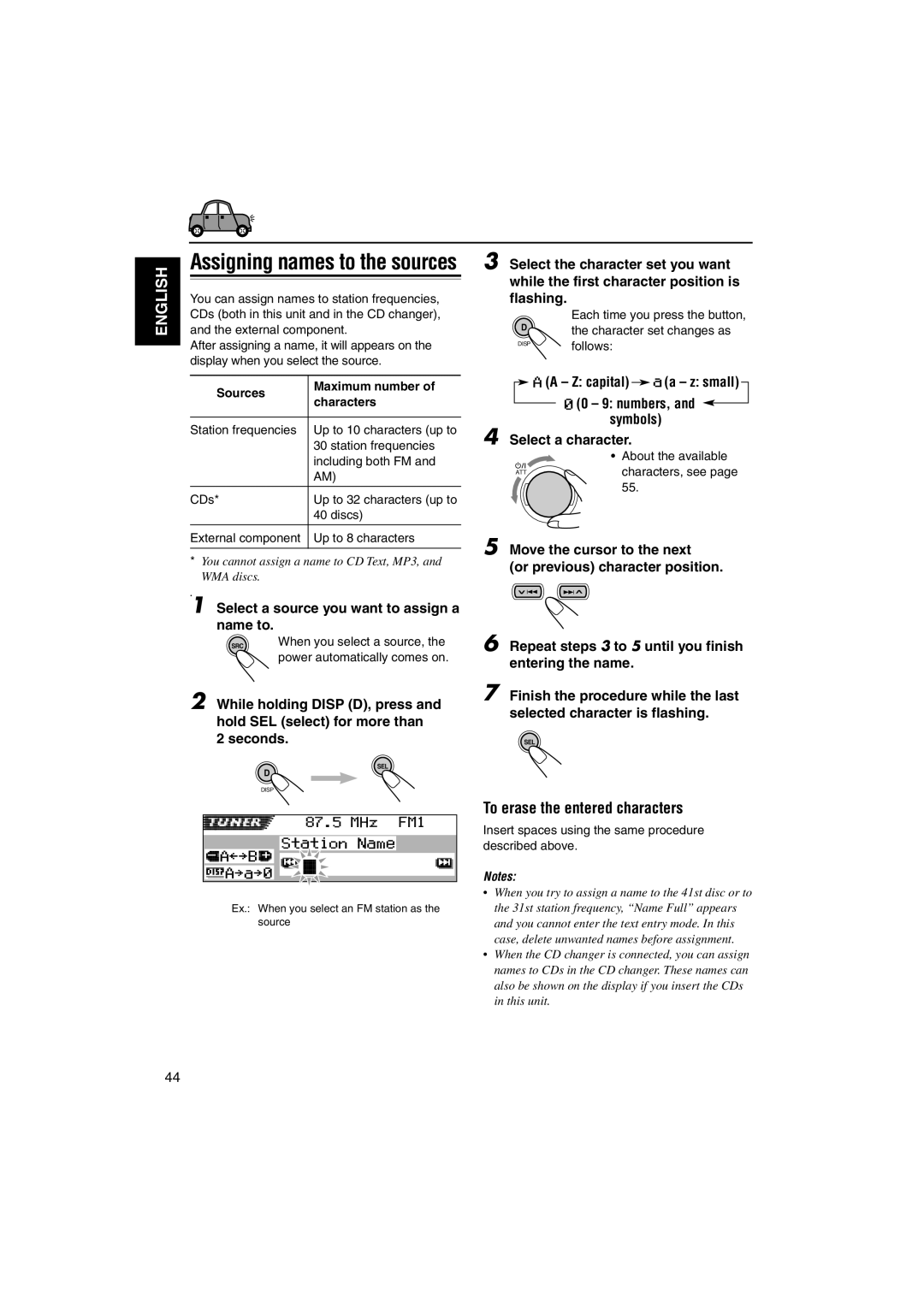 JVC KD-SH9750 manual Assigning names to the sources, To erase the entered characters, Capital a z small, Select a character 