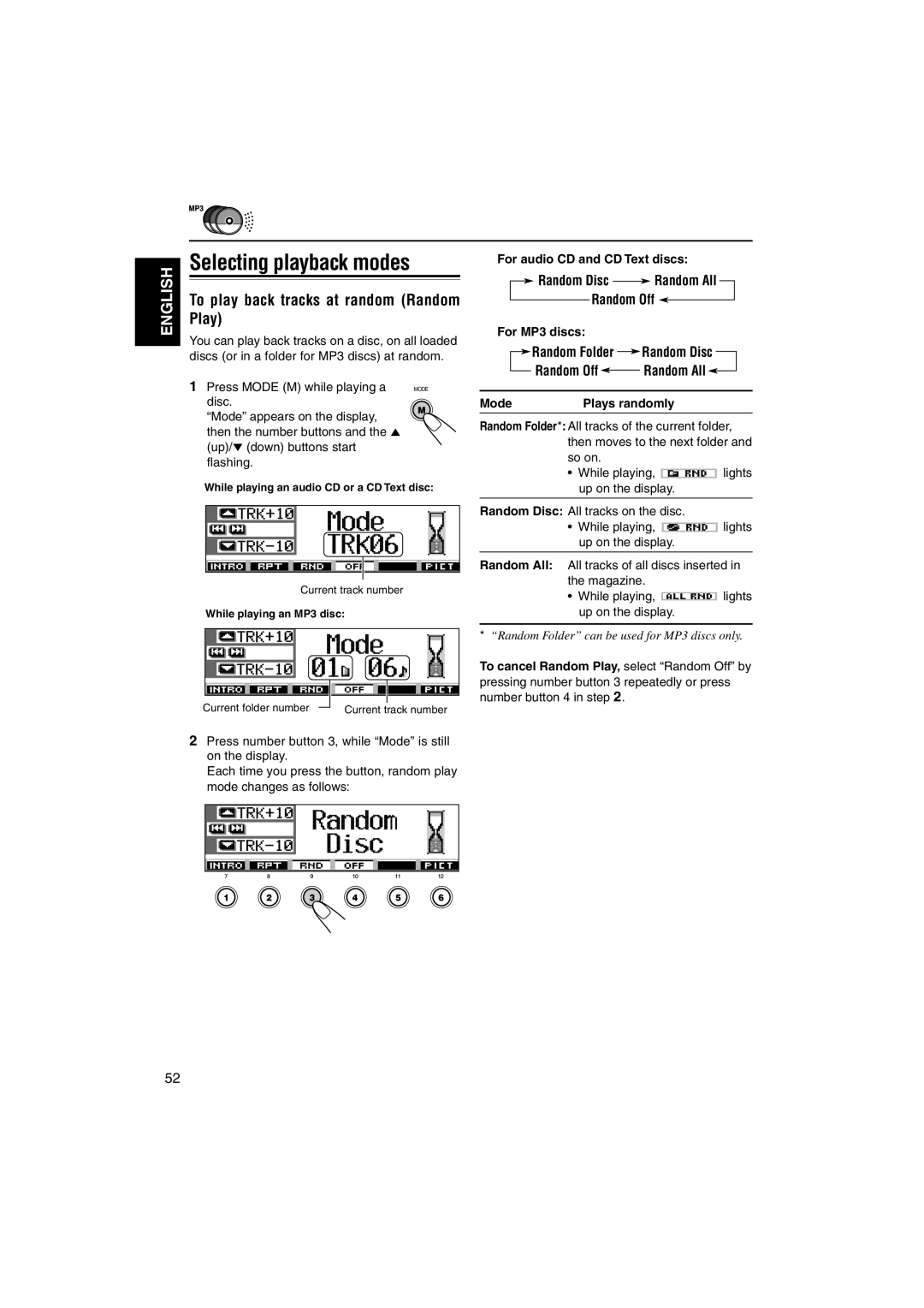 JVC KD-SH9750, KD-SH9700 manual Selecting playback modes, Play, To play back tracks at random Random 