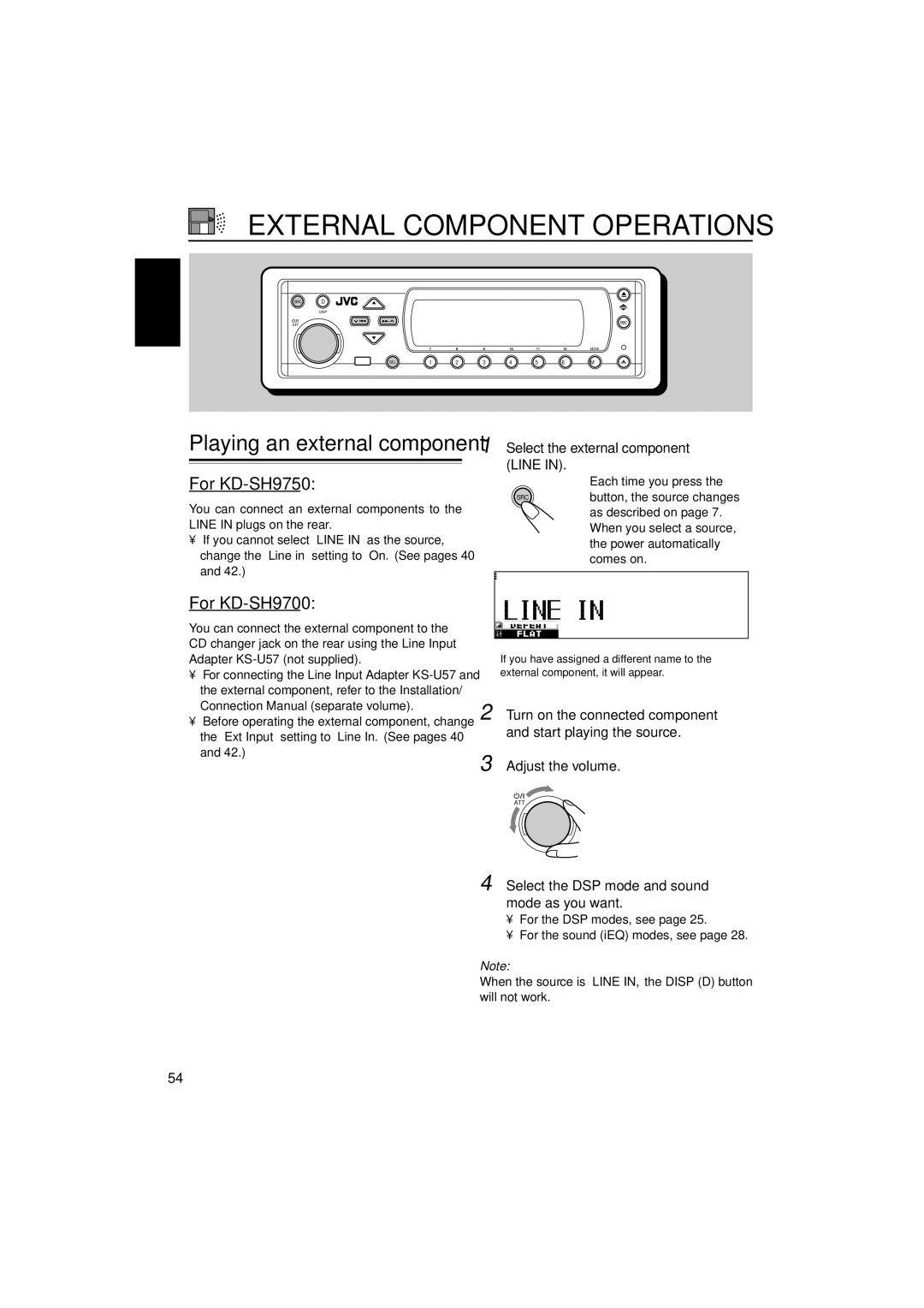 JVC manual External Component Operations, For KD-SH9750, For KD-SH9700, Select the external component Line 