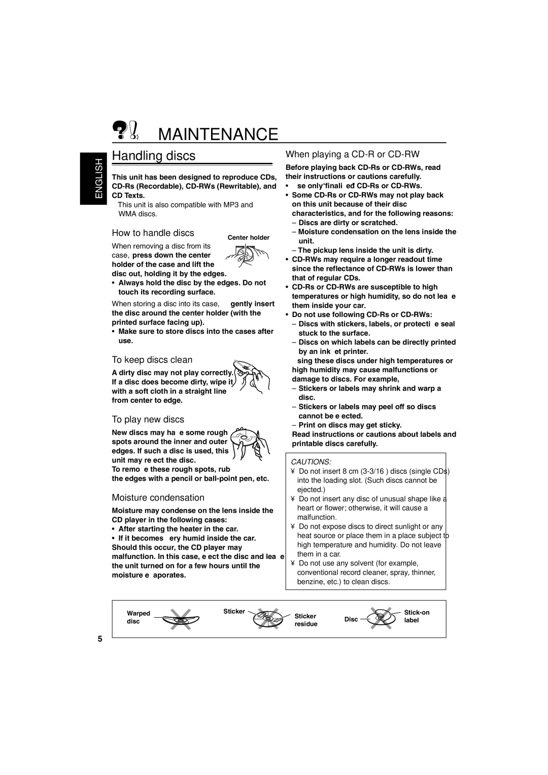 JVC KD-SH9750, KD-SH9700 manual Maintenance, Handling discs 