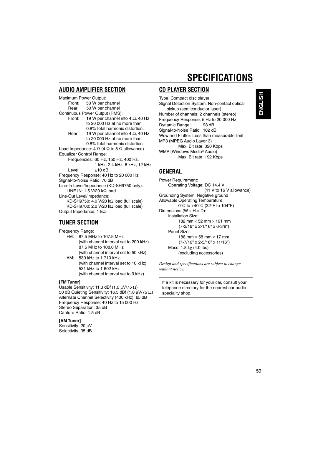 JVC KD-SH9700, KD-SH9750 manual Specifications, FM Tuner, AM Tuner, Sensitivity 20 ∝V Selectivity 35 dB, Panel Size 