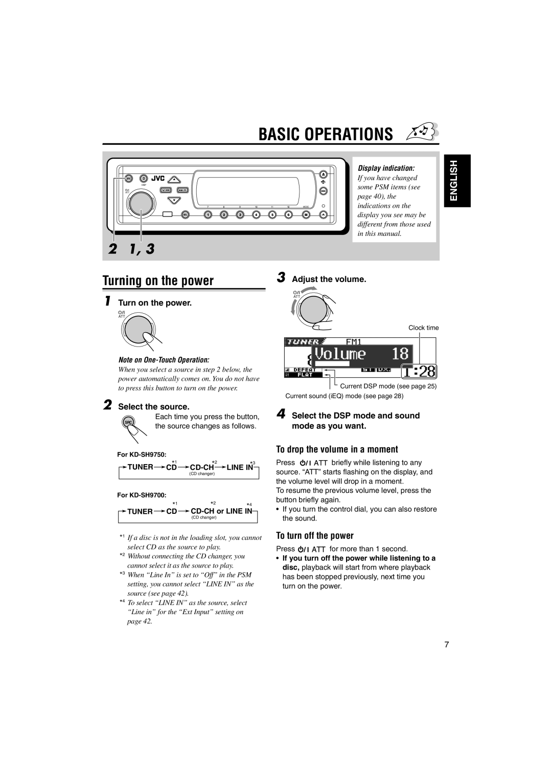 JVC KD-SH9700, KD-SH9750 manual To drop the volume in a moment, To turn off the power, Select the source, CD-CH or Line 