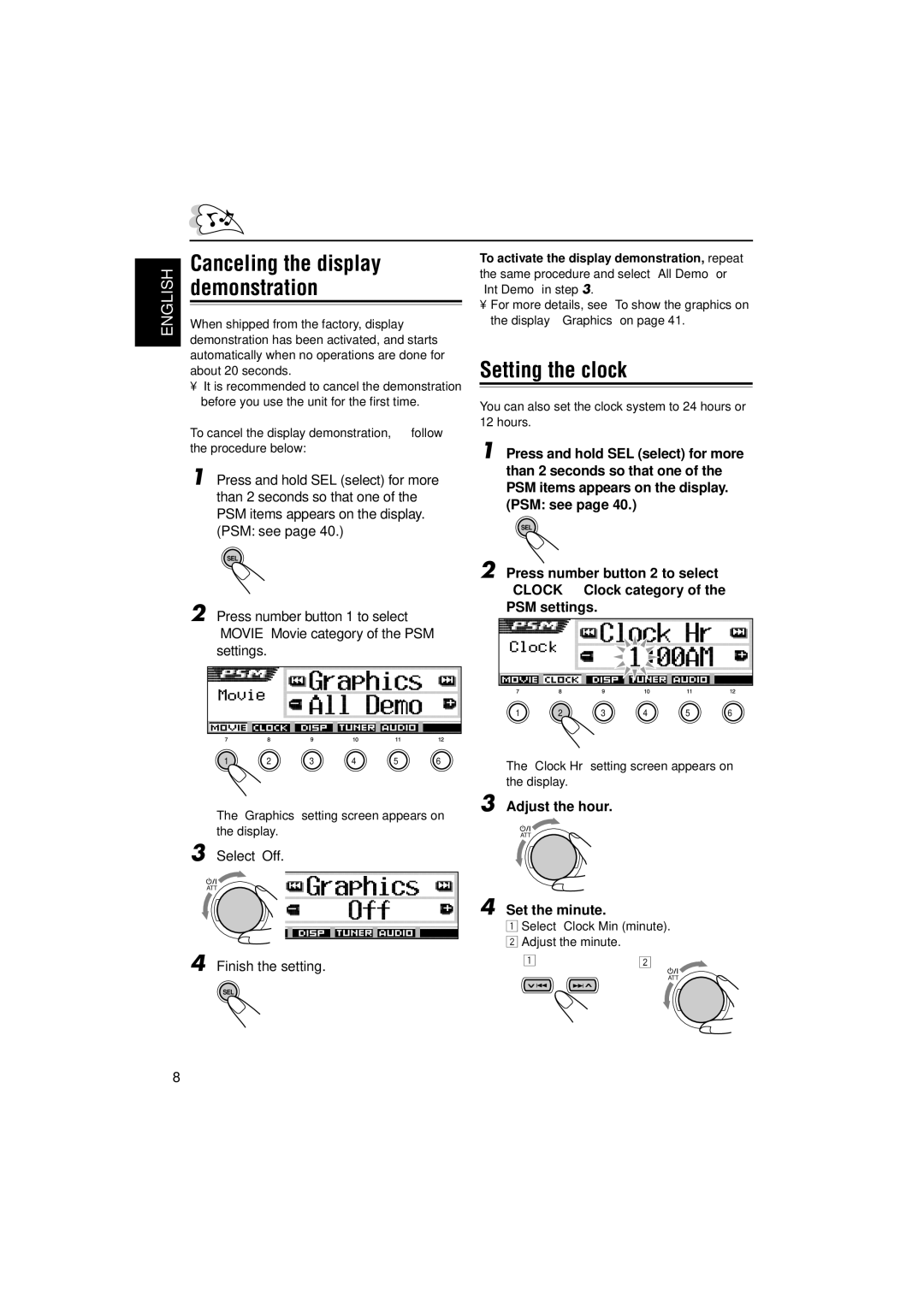 JVC KD-SH9750, KD-SH9700 manual Canceling the display, Demonstration, Setting the clock 