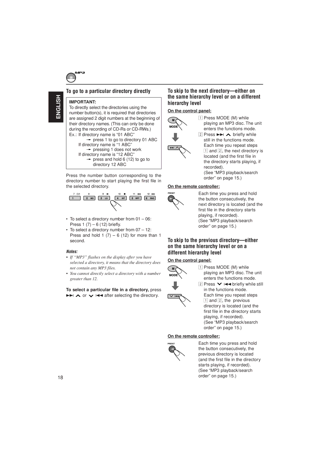 JVC KD-SH99 manual To go to a particular directory directly, To select a particular file in a directory, press 