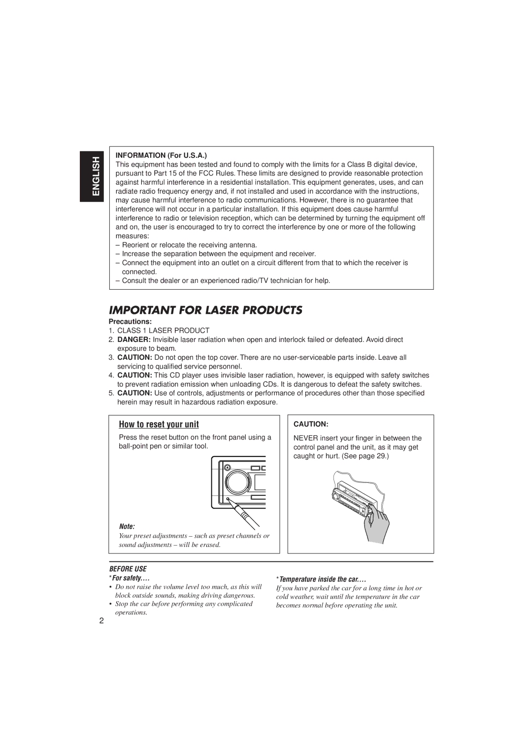 JVC KD-SH99 manual How to reset your unit, Information For U.S.A, Precautions 