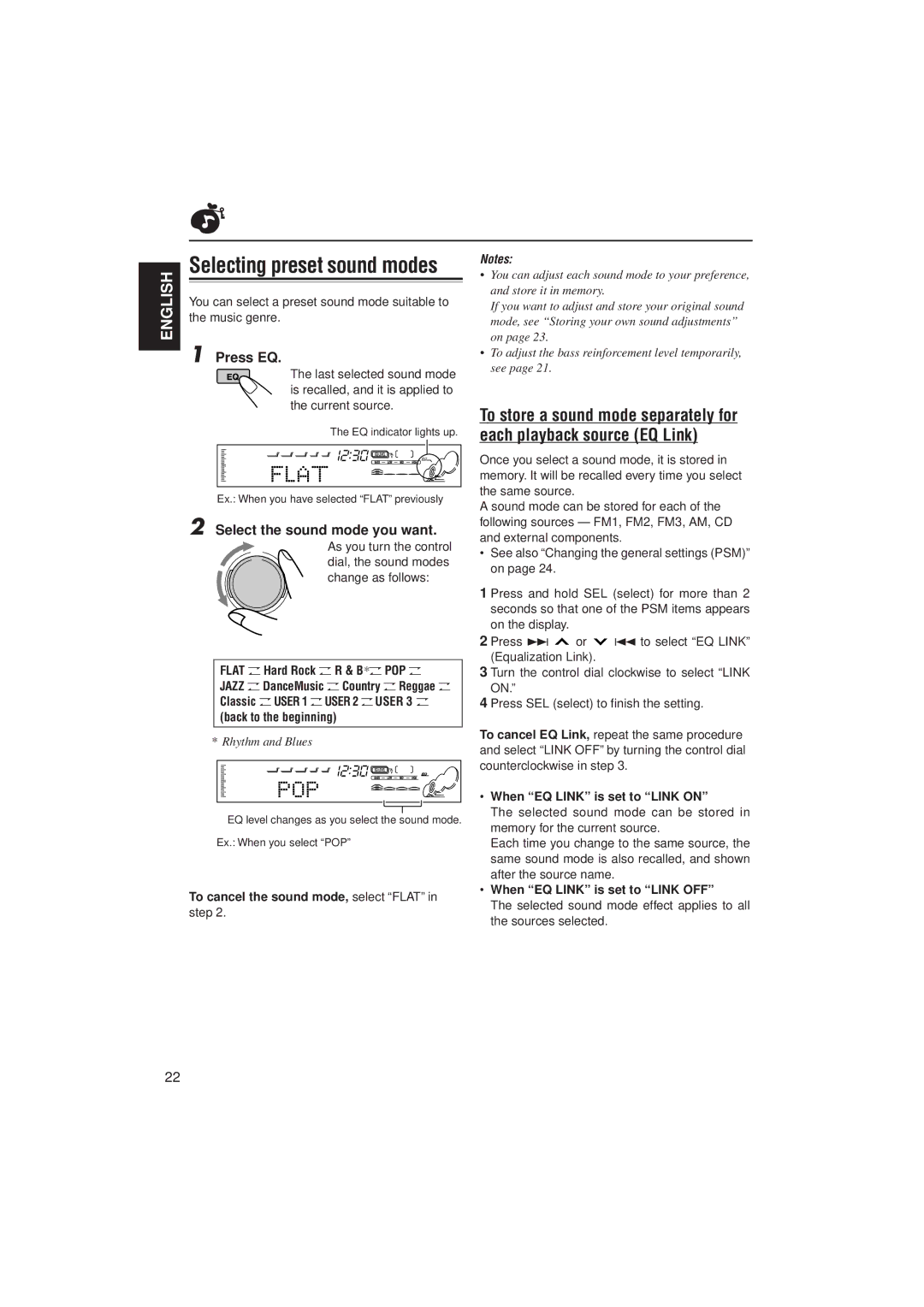 JVC KD-SH99 manual Press EQ, Select the sound mode you want 