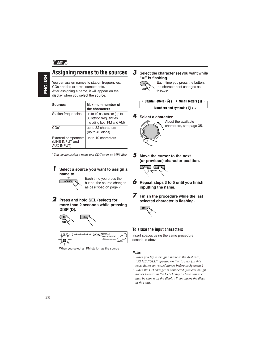 JVC KD-SH99 manual To erase the input characters, Select a source you want to assign a name to, Select a character 