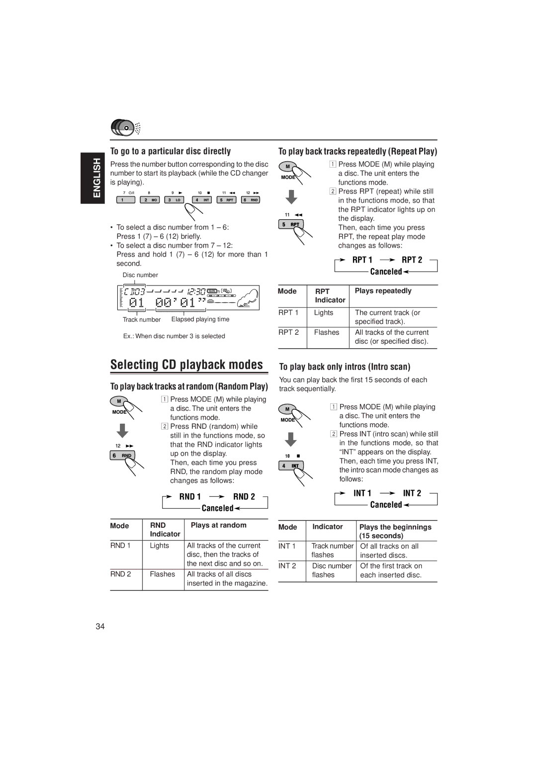 JVC KD-SH99 manual To go to a particular disc directly, To play back tracks repeatedly Repeat Play 