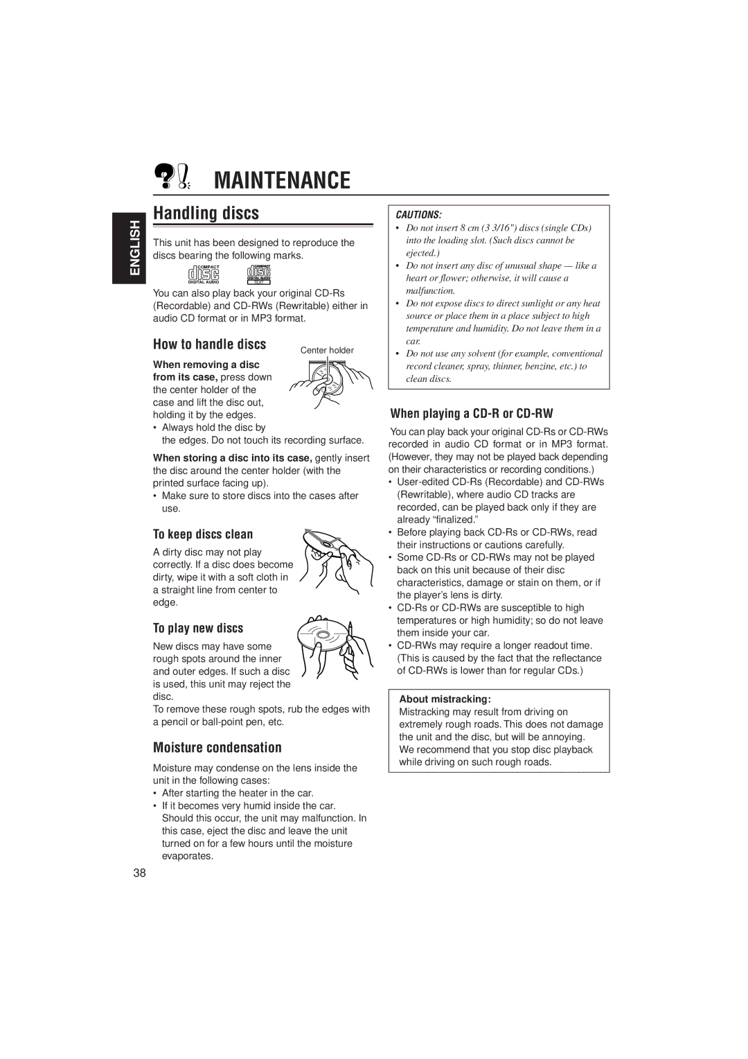 JVC KD-SH99 manual Maintenance, Handling discs, How to handle discs, Moisture condensation 