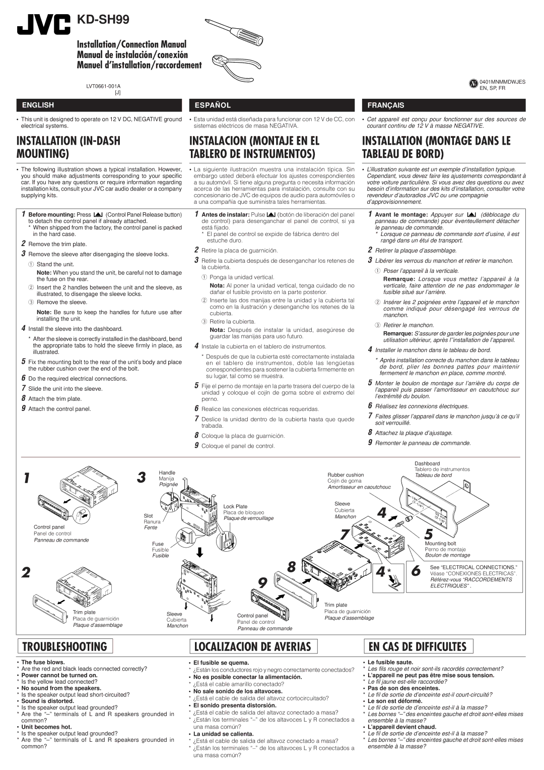 JVC KD-SH99 Before mounting Press, Antes de instalar Pulse, Avant le montage Appuyer sur, Fuse blows, Sound is distorted 
