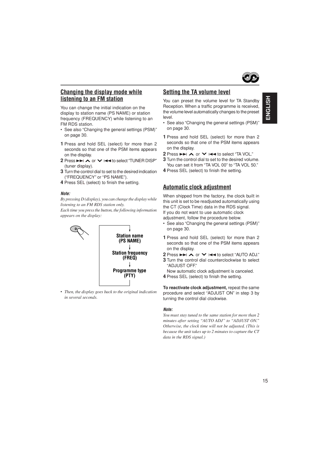 JVC KD-SH99R manual Setting the TA volume level, Automatic clock adjustment 