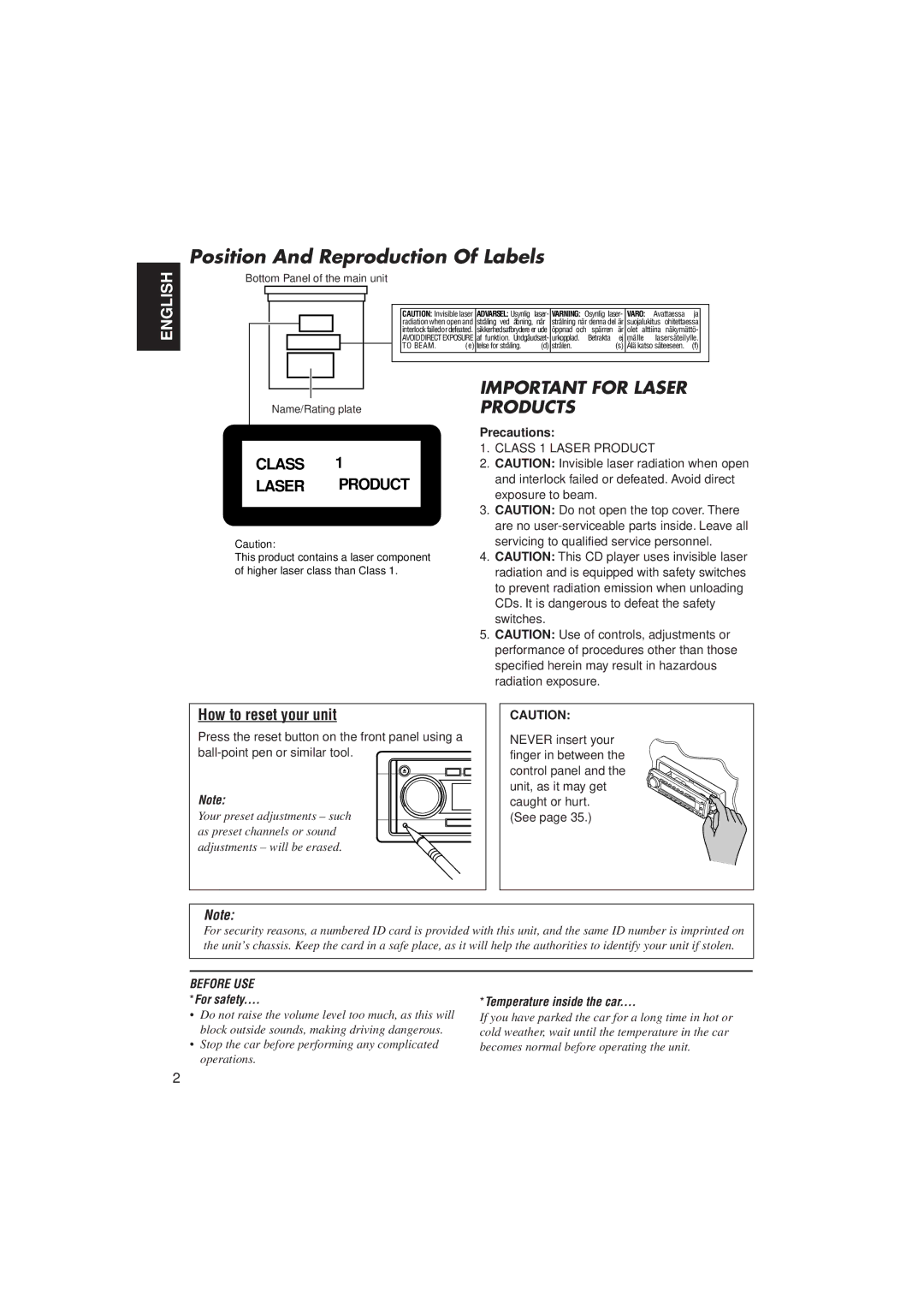 JVC KD-SH99R manual How to reset your unit, Precautions 